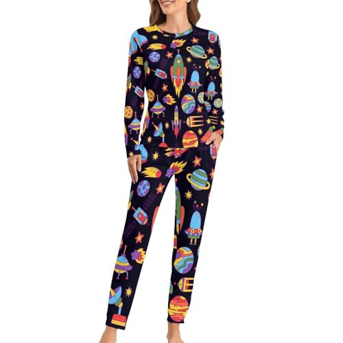 Pyjama femme manches longues imprimé spatial vêtement de nuit confortable