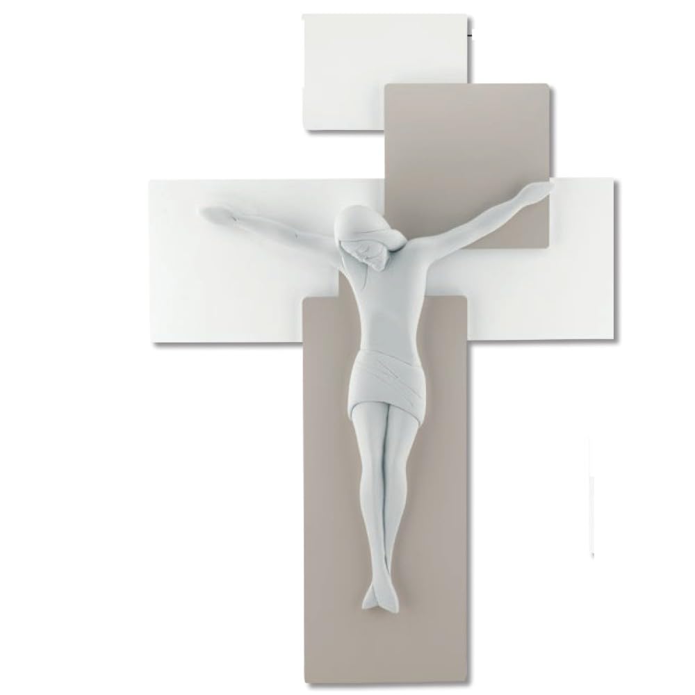 CROCIFISSO da Parete 27X19 Moderno Legno Tortora Cristo MARMORINO Bianco ME12102NB
