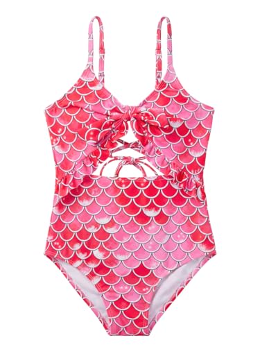 Image of Saodimallsu Girls One Piece Cutout Ruffle Swimsuits Kids Floral High Waisted Tie Front Bathing Suits