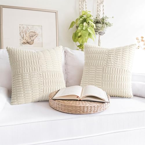 Topfinel KD196BEIGE9-1818-2 Pack Of 2 Decorative Throw Pillow Covers 18X18 Inch Soft Corduroy Boho Textured Striped Patchwork Pillow Covers Farmhouse Rustic Home Decor thumb #1