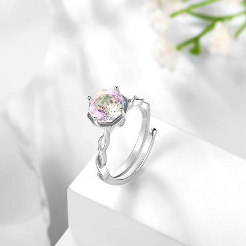 Birthstone Rose Ring - 925 Sterling Silver Rose Cut Cubic Zirconia Flower Adjustable Ring Anniversary Engagement Promise Ring Birthday Jewelry Gift for Women Wife Mom Daughter2