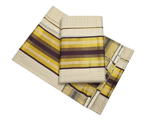 Image of Womens Kuthampully Set Mundu With Golden & Stripes Kara