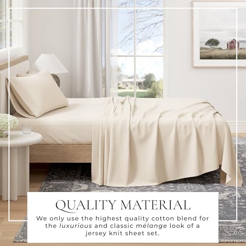 Image of Great Bay Home Cotton Jersey Knit Queen Sheet Set - Ultra-Soft, Stretchy, Heathered Melange Bed Sheets - Cozy, Soft T-Shirt Sheet & Pillowcase Set (Oatmeal)