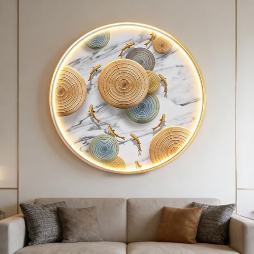 sunbiaouk 3D Wall Art Decor, Nine Fish Picture Porch Decoration Painting with Led Light, Decorations Lamp for Living Room Bedroom(A,90CM)
