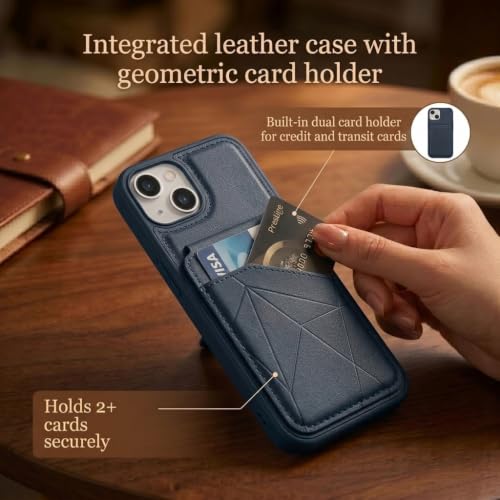 Image of amazon basics Premium Vegan Leather Back Cover with Card Holder and Integrated Mobile Stand for iPhone 13 - Slim Shockproof Wallet Case with Geometric Stitching [Blue]