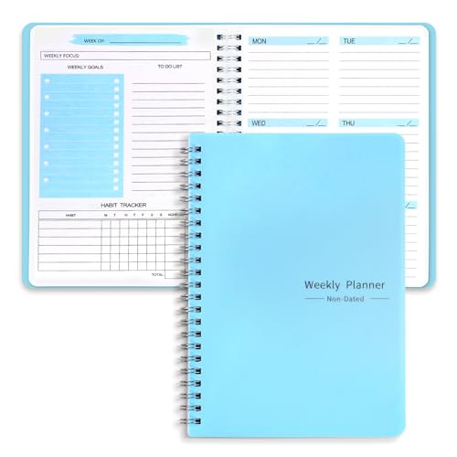 Undated Weekly Agenda, A5 English Spiral Notebook, Work Agenda, Weekly Notes, Waterproof PVC Cover (blue)