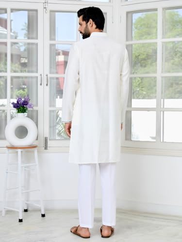 Image of See Designs Men's Full Sleeve Mandarin Collar Sequins Embroidered Chanderi Straight Long Kurta with Yoke Design - Festive Collection