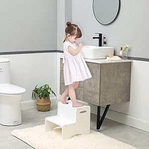 WOOD CITY Wooden Toddler Step Stool for Kids, White Two Step Children's Potty Stool with Handles, Bonus Non-Slip Pads for Safety, Bathroom & Kitchen, Dual Height WOOD CITY Wooden Toddler Step Stool for Kids White Two Step Childrens Potty Stool with Handles Bonus Non Slip Pads for Safety Bathroom Kitchen Dual Height