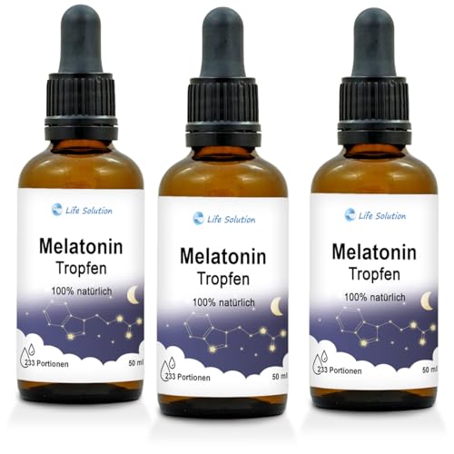 Life Solution - Melatonin Tropfen - 3x 50 ml - 100% Natürlich - Schlaftropfen - Entspannungstropfen - mit milden Vanillegeschmack