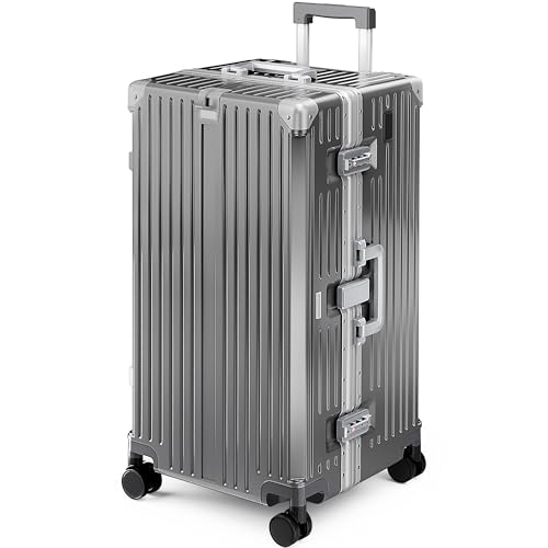 ALPHA CAMP Trunk Luggage, Large 28 Inch Thickened Aluminum Frame Luggage with TSA Spinner Wheels, 3-Layer PC Hardside Zipperless Travel Suitcase, Type-C USB Charging Port, Cup Holder, Grey