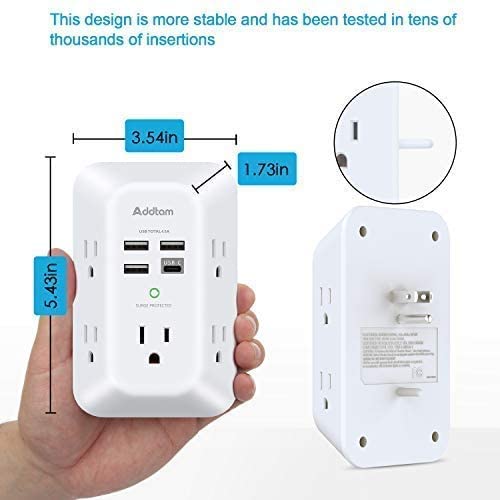 USB Chargeur mural, bande de puissance avec 5 Extendeur de sortie 4 USB Ports de recharge (1 USB C, 4.5A Total général) 3-Sided 1800J Surge Protector Power Bar Multi Plug Outlets Adaptateur mural Espace pour le bureau de voyage à domicile