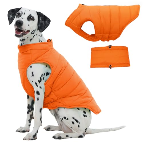 Large Dog Winter Coat with Back Zipper & Detachable Scarf, Waterproof Warm Dog Snow Jacket, Dogs Puffer Vest for Golden Retriever, German Shepherd, Orange 2XL 2XL Orange