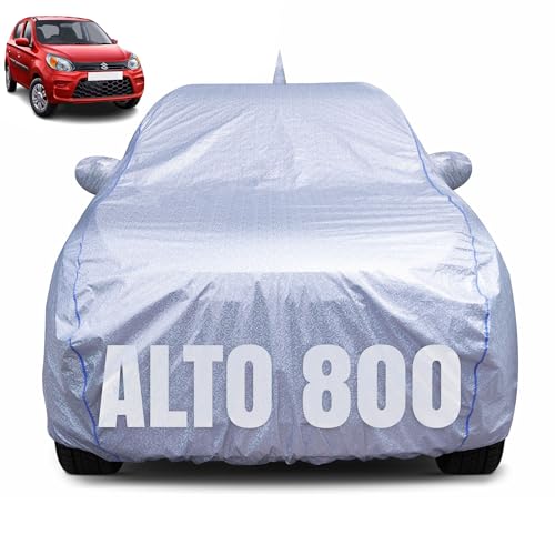 Image of 100% Waterproof Car Body Cover for Maruti Suzuki Alto 800 (2000-2023) with Mirror Pocket, Heat & UV Resistant, Triple Stitched, Soft Lining, Bottom Elastic & Piping (Silver Reflective)