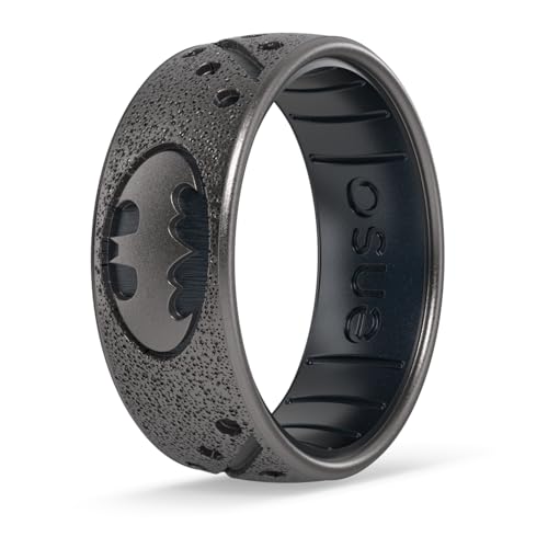 Enso Rings DC Comics Collection - Etched Silicone Ring - Comfortable Breathable and Safe - The Batman - Platinum/Black Pearl - Size 9