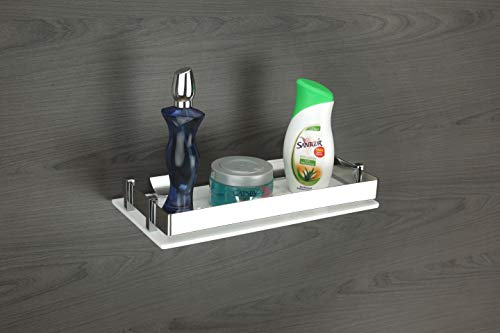 Image of Wall Shelf for Bathroom Storage /Acrylic Washroom Shelf Organizer with Stainless Steel Railings /Bathroom Accessories (White, 12x6 inches)
