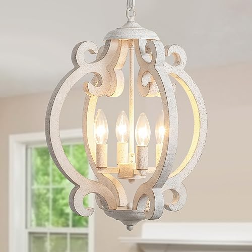 ZJBEIJIA White Farmhouse Chandelier, 4-Light French Country Lighting Fixtures, Rustic Dining Room Light Fixture Over Table, Antique Vintage Distressed Wood Chandeliers for Entryway Foyer Living Room