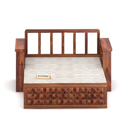 Image of Sheesham Wood 2 Seater Diamond Sofa Cums Bed with Storage and Side Pockets for Living Room | Rosewood Sofa Cums Bed (Honey)