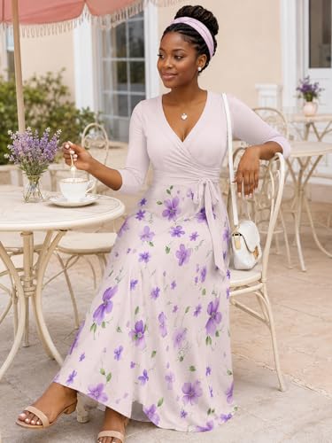 Image of PinkPatty Plus Size Maxi Dresses for Women Casual Flowy Long Dress 3 /4 Sleeve V Neck Wrap Dress with Belt