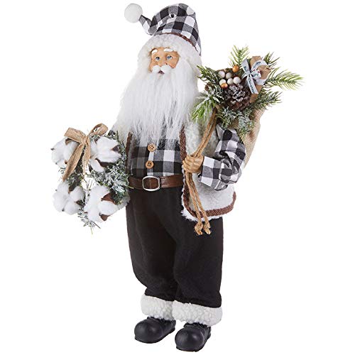 RAZ Imports Christmas in The Country 18" Santa Black White Checked Buffalo Plaid Holding Festive Wreath and Carrying Bag 3915515