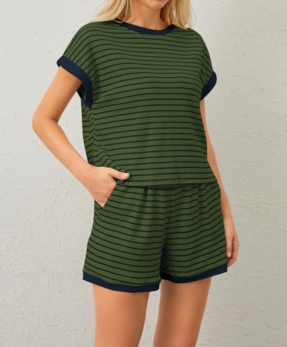 Image of MISSACTIVER 2 Piece Lounge Set Women Stripe Knit Short Sleeve Tee Shirts Shorts Casual Summer Loungewear Shorts Sets