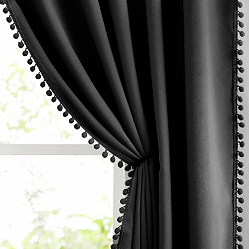 Image of Treatmentex Pompom Blackout Curtains Bedroom Black 84 inch Length Windows Drapes Triple Weave Thermal Insulated Curtain Panels for Nursery Room Studio Hotel 52" w x2 Panels Rod Pocket
