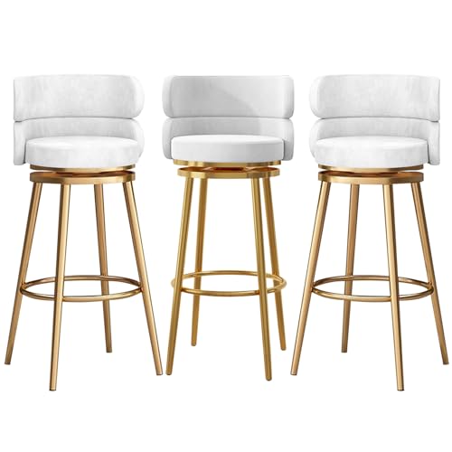 MARIYCH Taburete Giratorio de Terciopelo de 360°, tapizado, para Comedor, Cocina, Bar, Juego de 3, con Patas de Metal, para Cocina, Pub, Comedor, mostrador, Color Blanco, 75 cm