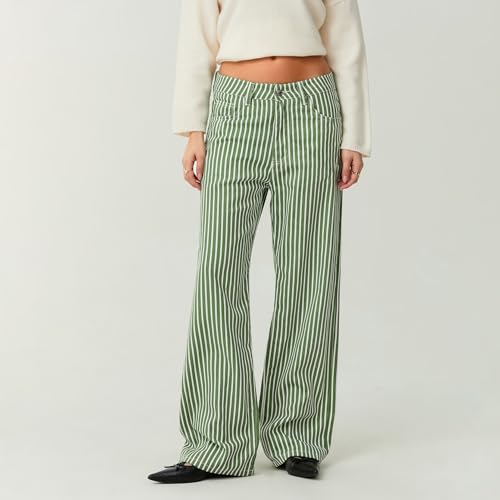 Women Y2K Striped Jeans Casual High Waist Button Flare Denim Pants Loose Fit Wide Leg Boyfriend Trousers with Pockets3