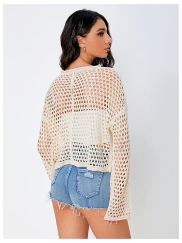 Image of Verdusa Women's Crochet Hollow Out Drop Shoulder Sweater Knit Pullover Tops Apricot Medium
