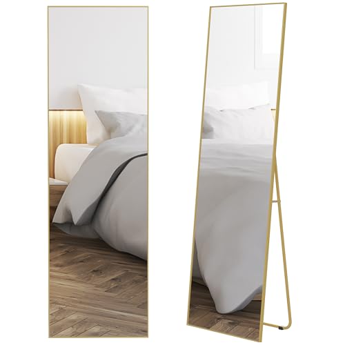 HOMCOM Espejo de Pie Cuerpo Entero con Marco de Aleación de Aluminio Espejo de Pared Rectangular con 2 Formas de Uso para Pasillo Dormitorio Salón 50x161,5x2 cm Dorado