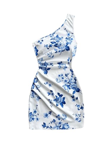 Image of Floerns Women's One Shoulder Boho Floral Print Sleeveless Ruched Side Bodycon Mini Short Dress