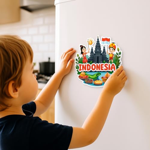 Image of Naxon Indonesia Country Theme Souvenir Wooden Refrigerator Stylish Fridge Magnet - Fridge Decoration Magnet for Kitchen & Home Decor | Perfect Souvenir Gift | Size 3x3 Inches | Pack of 1