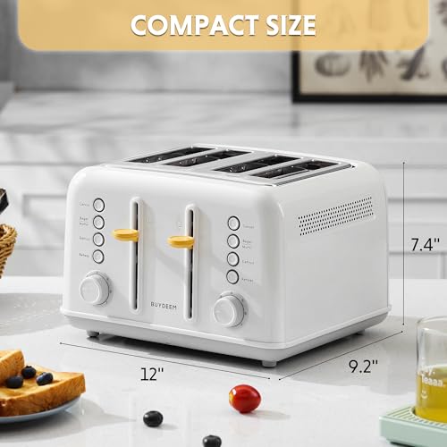 Image of BUYDEEM DT640 4-Slice Toaster, Extra Wide Slots, Stainless Steel with High Lift Lever, Bagel and Muffin Function, Removal Crumb Tray, 7-Shade Settings, Arctic White