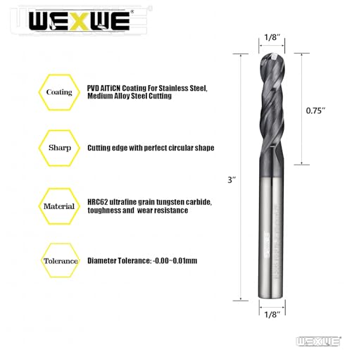 Image of Tools Extra Long Carbide Ball Nose End Mill for Cutting Alloy Steels, with HRC62 Tungsten Carbide+AlTiN Coating,3 inch Overall Length CNC Router Bits,1 /8 Shank End Mill Bits (1 /8-3 inch 2PCS)