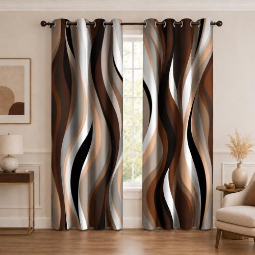 Aeyadis Brown Abstract Blackout Curtain, Stripe Black White Gray Aesthetic Art Window Curtains Living Room Bedroom Decor Darkening Window Drapes Treatments, 2 Panels 52x84 Inch