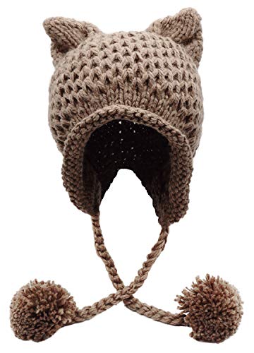 Bellady Winter Cute Cat Ears Knit Hat Ear Flap Crochet Beanie Hat, Coffee