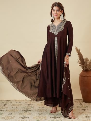 Image of MOKOSH Women's Silk Anarkali Kurta Pant with Dupatta | Anarkali Kurta Set | Embroidery | Indian Kurta Outfit With Pant | Ethnic Kurta | 3 Piece Outfit