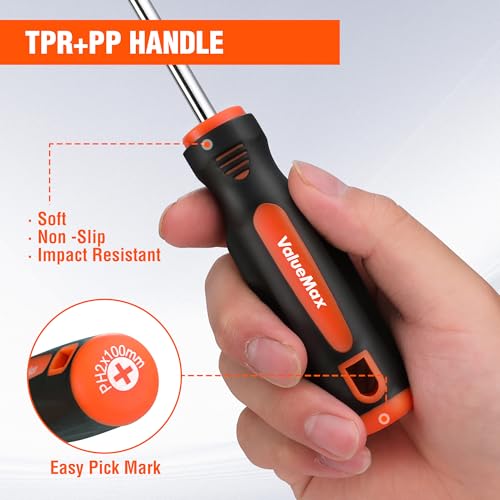 ValueMax 6-Piece Magnetic Screwdriver Set, 3 Phillips and 3 Flat Tip Screwdrivers, Non-slip Handle Screw Driver Set Kit - Image 4