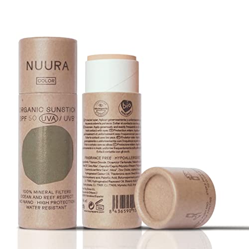NUURA - Stick Solar Ecológico SPF 50 UVA/UVB con Color - Protección Solar Orgánica Certificada - Biodegradable, Respetuoso con los Océanos - Para Pieles Sensibles, Crema, 18 ml