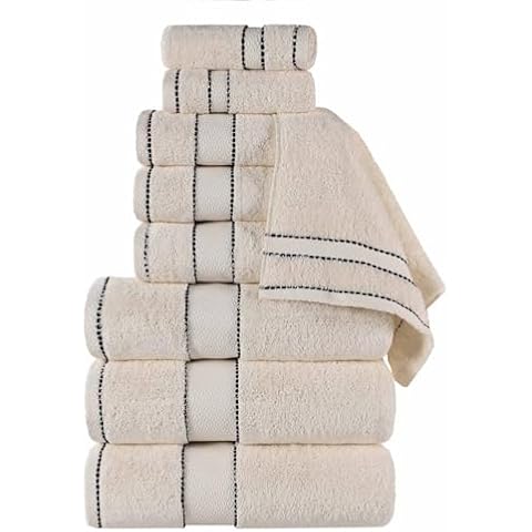 BLUENILEMILLS Egyptian Giza Cotton 9 Piece Towel Set, Luxury Plush Bathroom Essentials, Moisture Wicking, Shower, Spa, Soft, Absorbent Towels, Includes 3 Bath, 3 Hand, 3 Washcloth/Face Towels, Ivory Cover