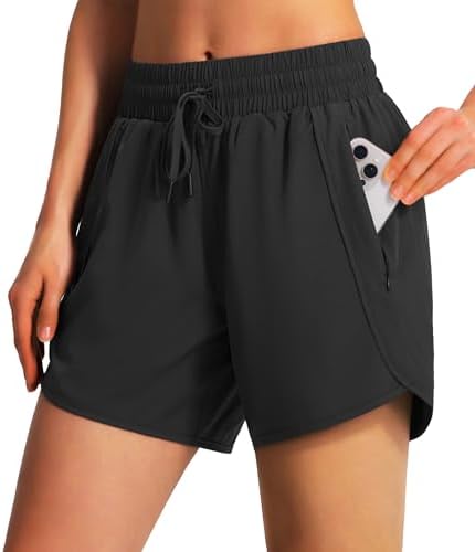 Ksmien Women's 5"/ 7" Athletic Running Shorts Quick Dry Lightweight Workout Gym Shorts with Zipper Pockets UPF 50+ Black L
