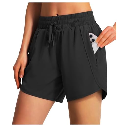 Ksmien Women's 5"/ 7" Athletic Running Shorts Quick Dry Lightweight Workout Gym Shorts with Zipper Pockets UPF 50+ Black L