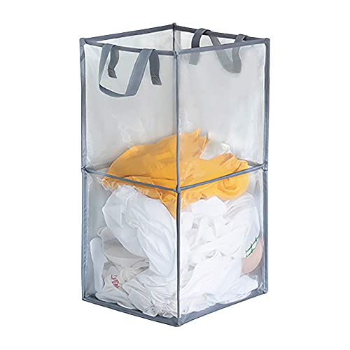 Kocuos Translucent Mesh Laundry Bags,Portable Collapsible Laundry Baskets, Binaural Portable Square Laundry Hamper Storage Basket (Grey, Double Layer)
