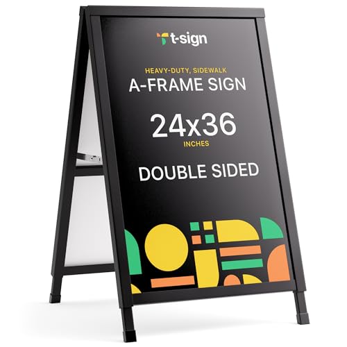 T-SIGN Outdoor A-Frame Sidewalk Sign 24x36 Inch Sandwich Board, Black Coated Steel Metal Double-Sided, Heavy Duty Slide-in Folding Frame Sign Holder, 2 Corrugated Plastic Poster Boards, Display Stand by T-SIGN - Used condition - US$68.75