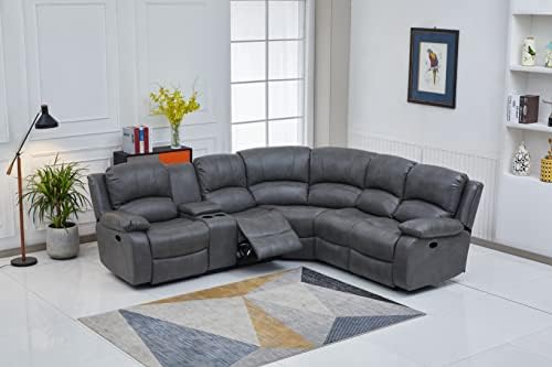 Betsy Furniture Faux Leather 3 Reclining Seats Sectional Couch Set wth Console, Living Room Furniture Set, 8018 Multiple Colors (Gray, Left Console)