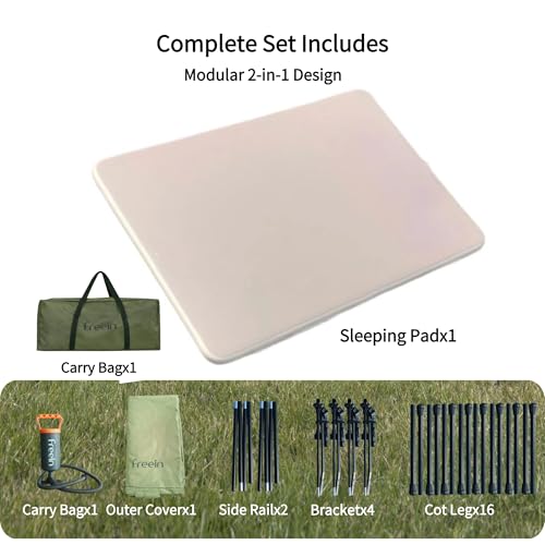 Image of Freein Double Camping Cot, Queen Size, 7 PSI Inflatable Mattress | 2-in-1 Sleep System, Dual-Height Adjustable, 16-Point Stable Frame Supports 820lbs, Portable SUV & Tent Bed