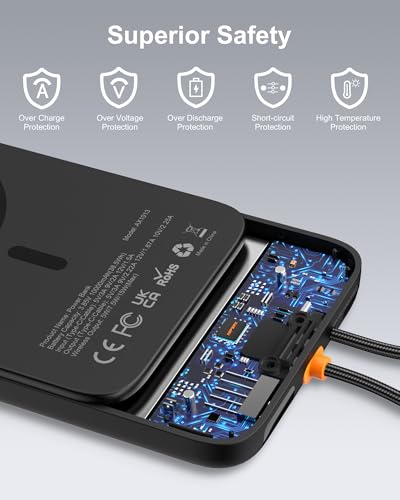 AsperX Magnetic Power Bank, 10,000mAh Magnetic Battery Pack Built-in USB C Cable 22.5W PD Fast Charging, LCD Display - image 5