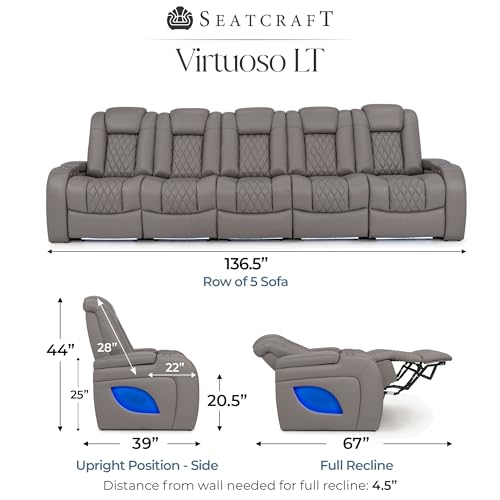 Image of Seatcraft Virtuoso LT Gray Italian Leather Home Theater Seating, Zero Gravity Power Recliner, Powered Headrest and Lumbar Gaming and Home Office Chair, Heat and Massage Lounge Sofa, Row of 5 Sofa