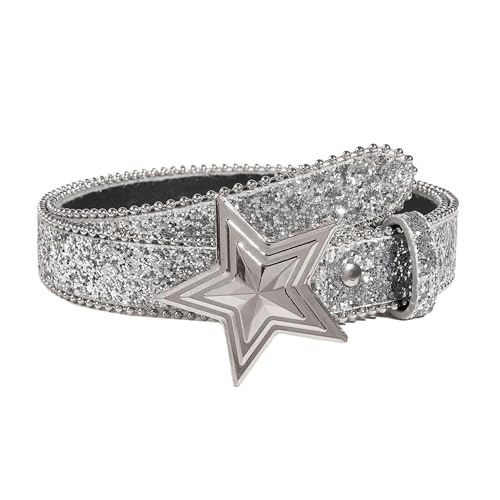 Women Shiny Sequins PU Leather Waist Belt Girls Bling Y2K Star Belts for Jeans Dress