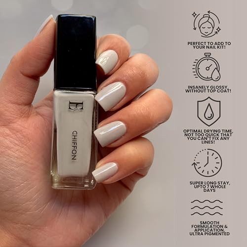 Image of Ellement Co Chiffon Nude Beige Nail Paint 10 ML | High Gloss Salon Shine Nail Colour | Quick Dry, Long Lasting & Chip Resistant Formula | Smooth Streak-Free Application | Vegan, Non-Toxic, Paraben Free & Dermatologically Tested Nail Polish