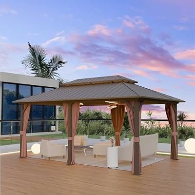 Yardsight 12'x18' Hardtop Gazebo, Outdoor Aluminum Frame Galvanized Steel Double Roof Pavilion with Netting and Shaded Curtains, Permanent Metal Pergolas for Patio, Backyard, Deck and Lawns.